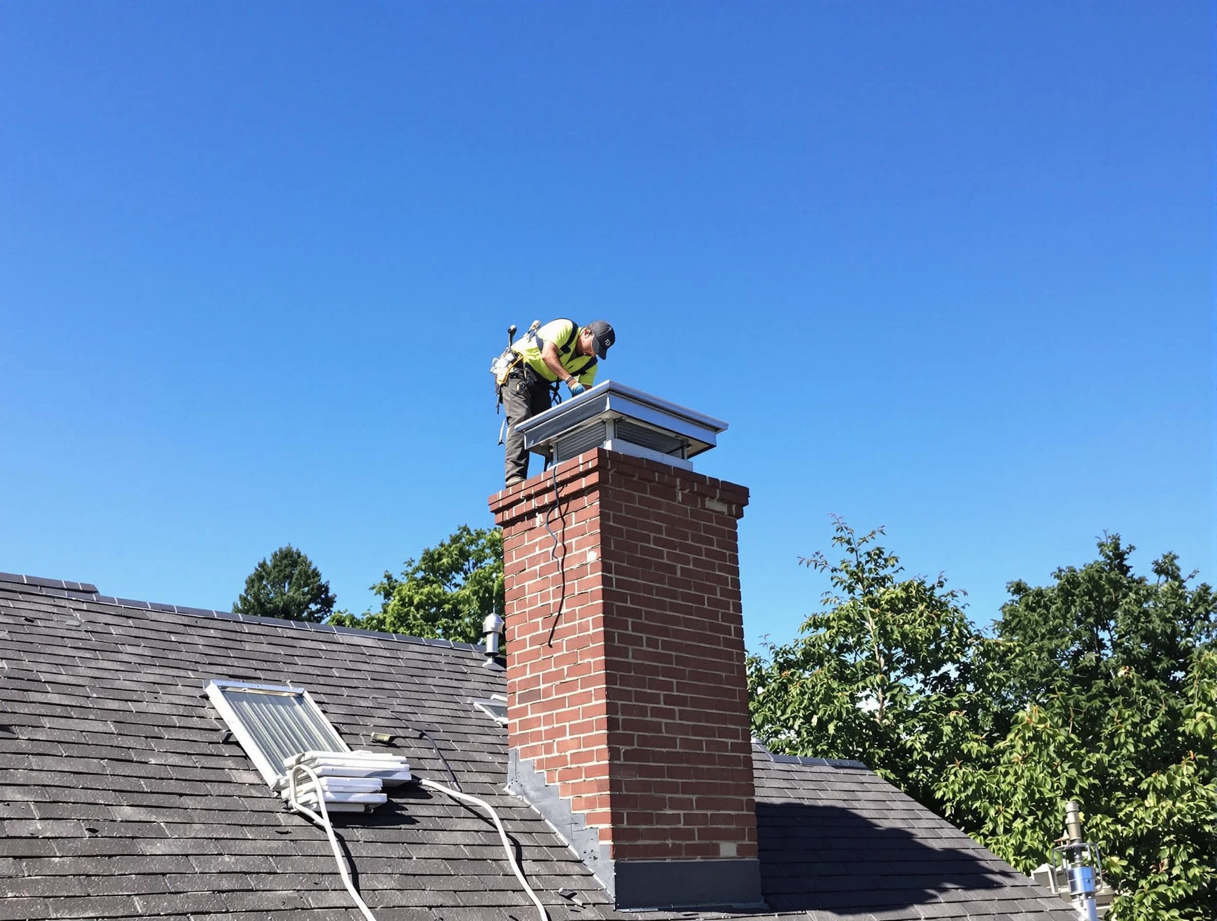 Norcross Chimney Sweep technician measuring a chimney cap in Norcross, GA